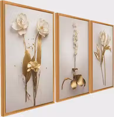 Quadro Decorativo 3 Peças Dourado Floral Branco Ouro Gold Sala Quarto Fácil Fixação com Fita Dupla Face