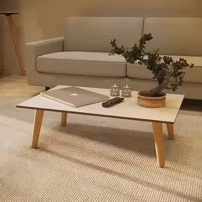Mesa de Centro Moderna, 80 x 42 cm, Tampo MDF, Pés em Madeira Maciça, Altura 32,5 cm (Off White-Freijó)
